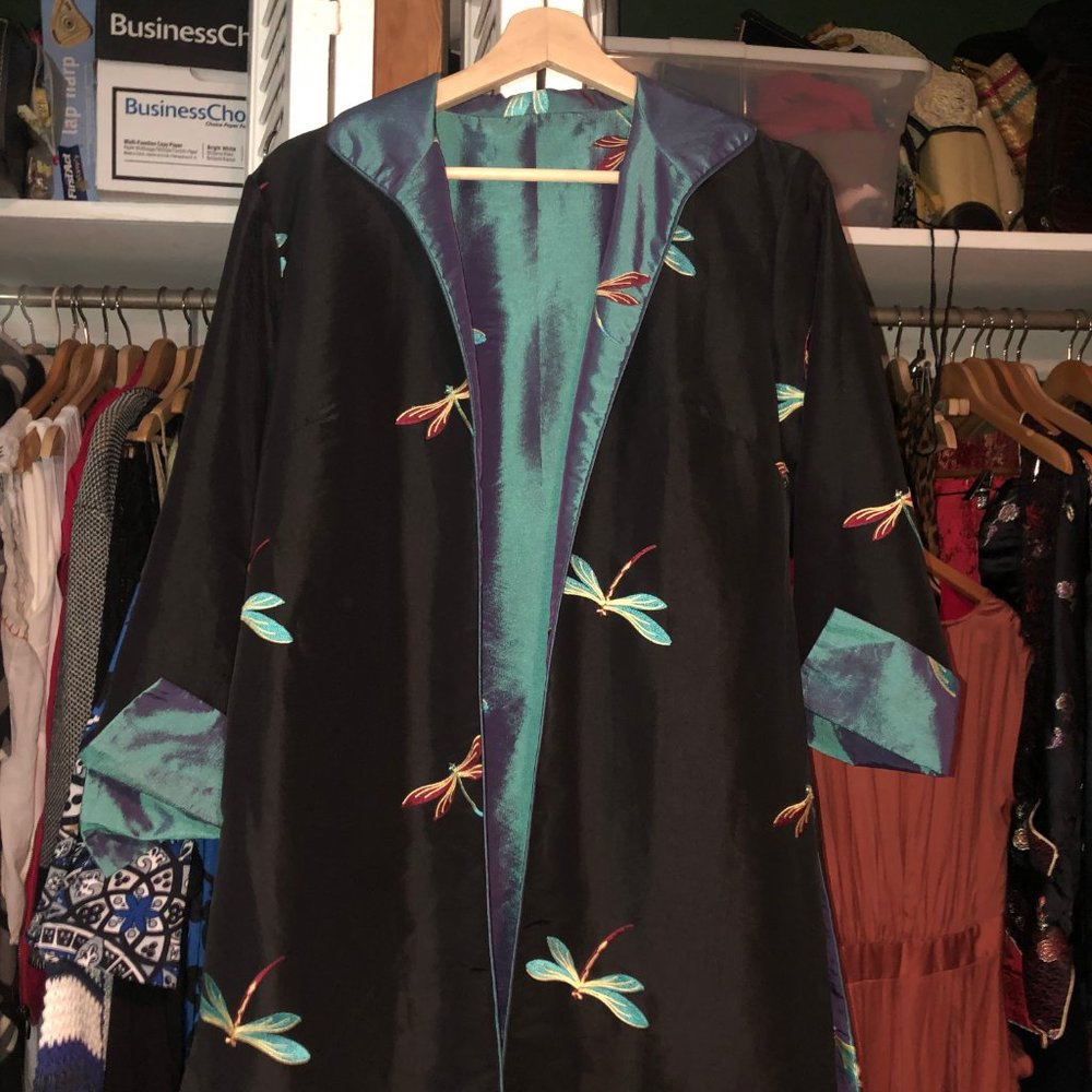 Reversible iridescent black silk evening coat